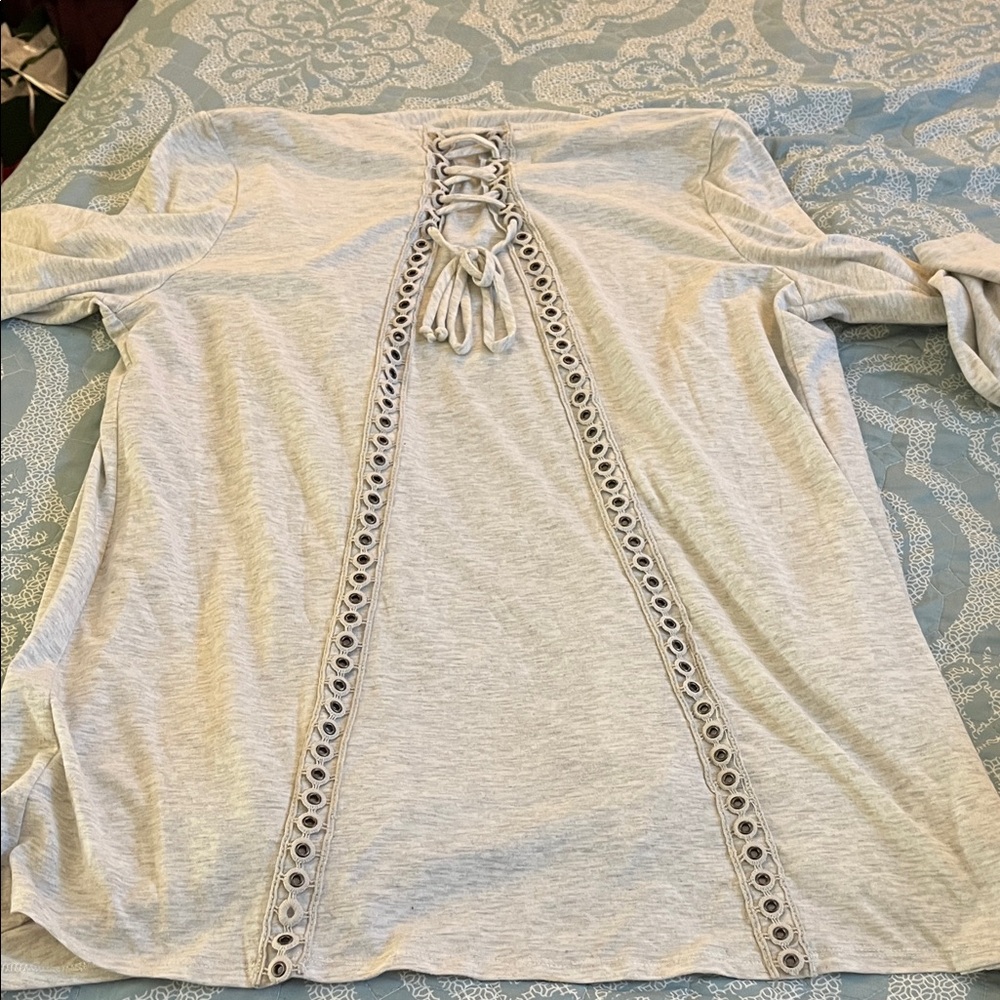 Stylish Light Gray Lace-Up (back with grommet)Women's long sleeve handkerchieTop